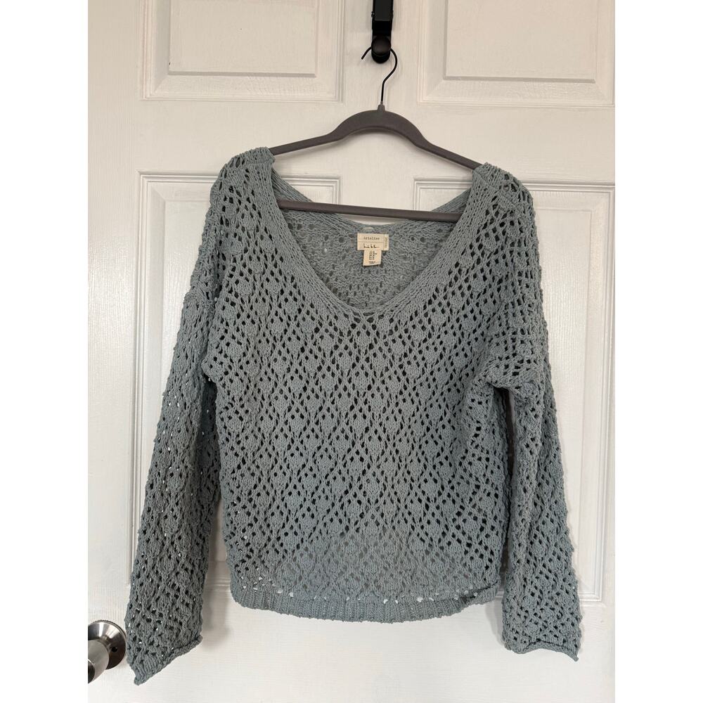 Artelier Nicole Miller Open Knit Crochet Sweater V-Neck Turquoise Green Size M